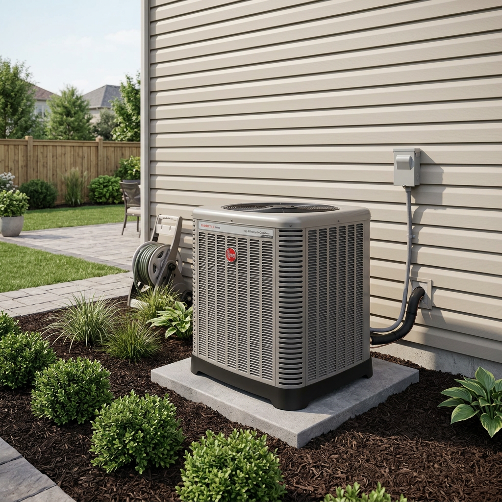 Rheem central air conditioner installed outside a Windsor–Essex home by County Cooling and Heating