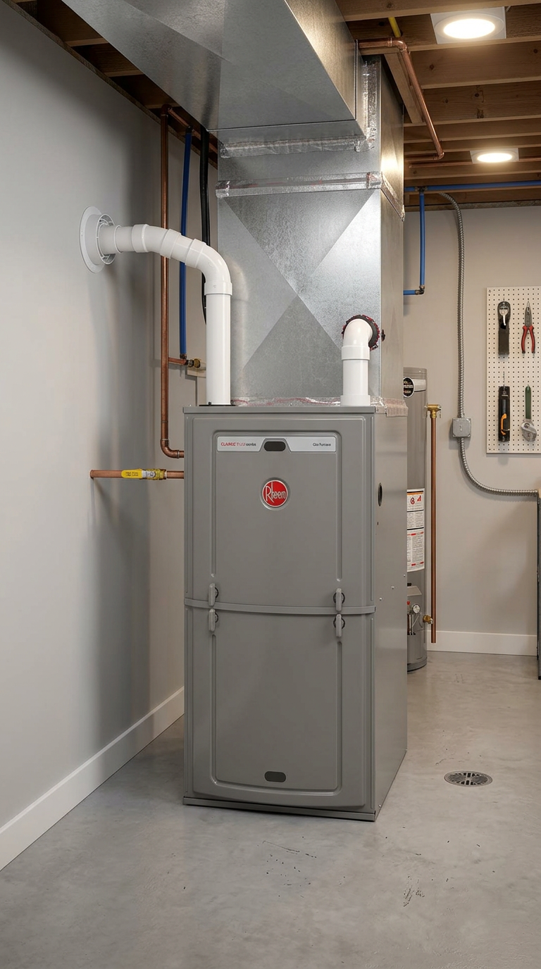 High-efficiency Rheem gas furnace installation by County Cooling and Heating in Windsor–Essex, Ontario