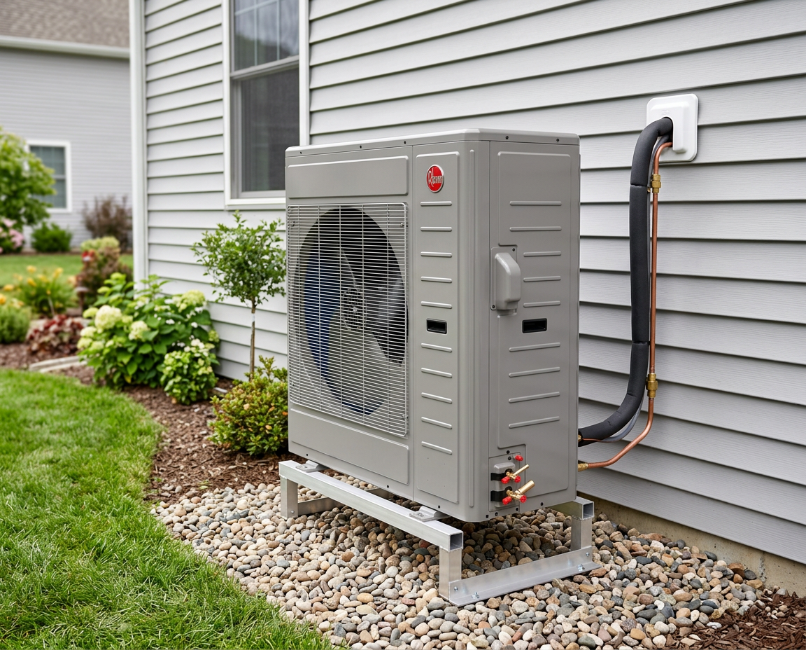 Rheem residential heat pump installed outside an Essex County home by County Cooling and Heating