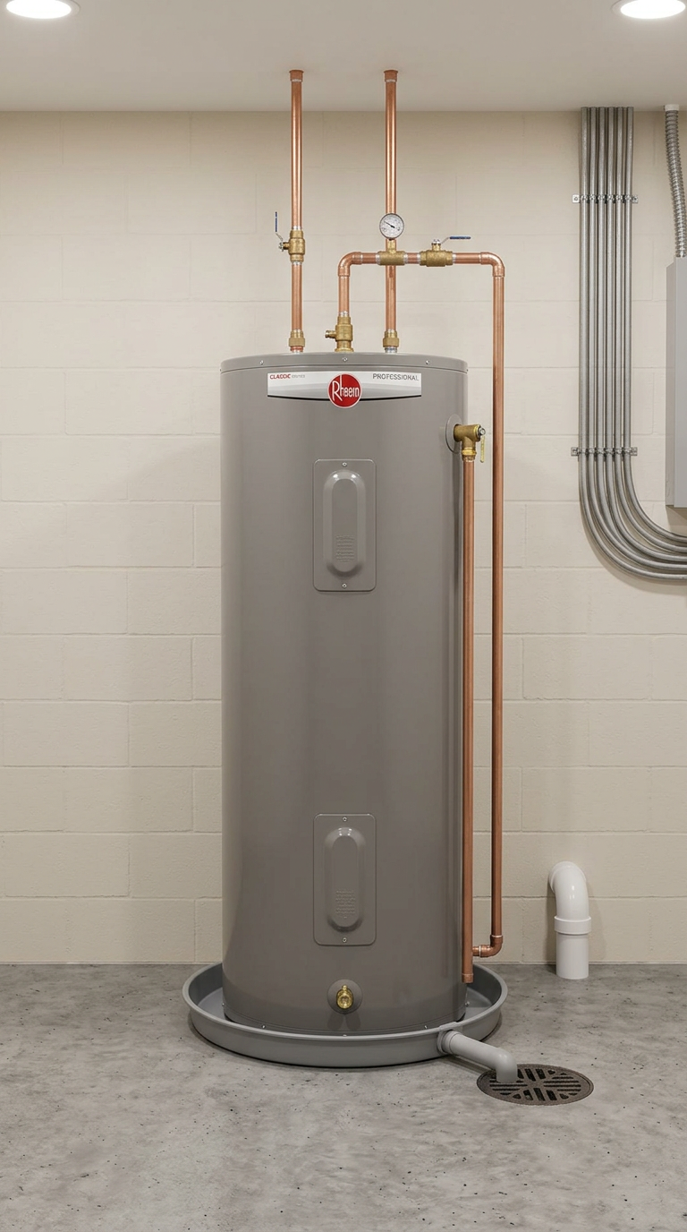 Rheem residential water heater installation by County Cooling and Heating in Windsor–Essex, Ontario